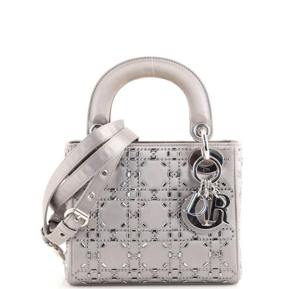 Christian Dior Lady Dior Bag Crystal Embellished Cannage Quilt Satin Mini Gray - Picture 1 of 9